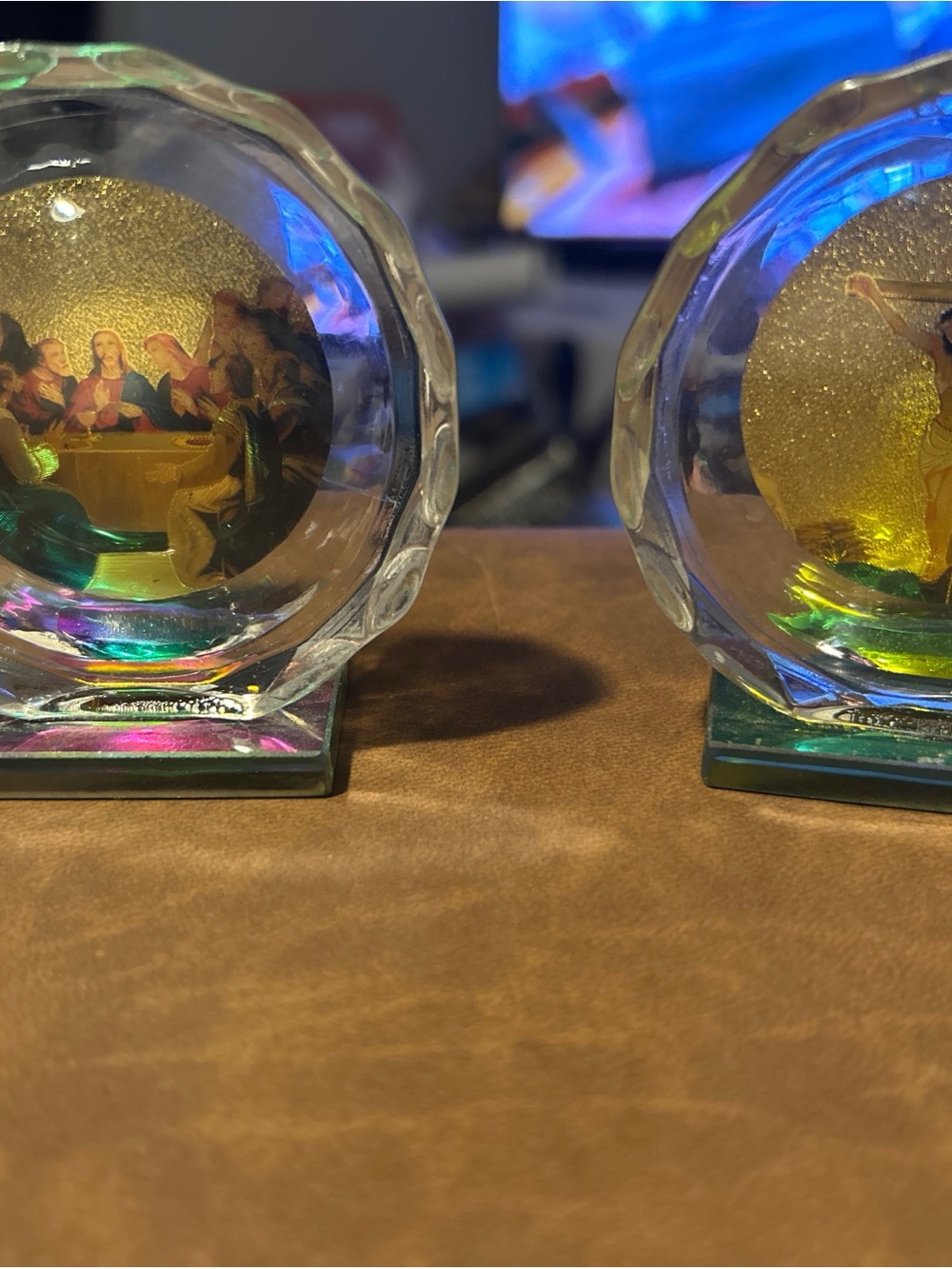 Glass Religious Scene Decorative Paperweight - Iridescent Gold Accent